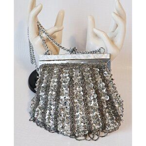 Vintage Beaded Purse Black and Grey Beads & Sequins Fringe Bag Lucite